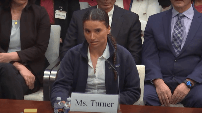 Stephanie Turner, a female fencer who took a knee in protest of competing against a transgender athlete, speaks during a hearing Wednesday, May 7, 2025, on transgender participation in women's sports. (Image from House Oversight and Government Reform Committee video)